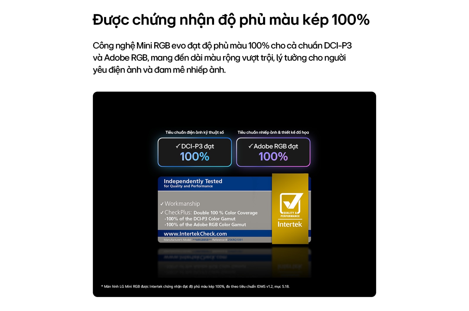 LG Mini RGB evo AI MRGB85, featuring RGB Primary Color Pro, delivers 100% color coverage of DCI-P3 and Adobe RGB, certified by Intertek.